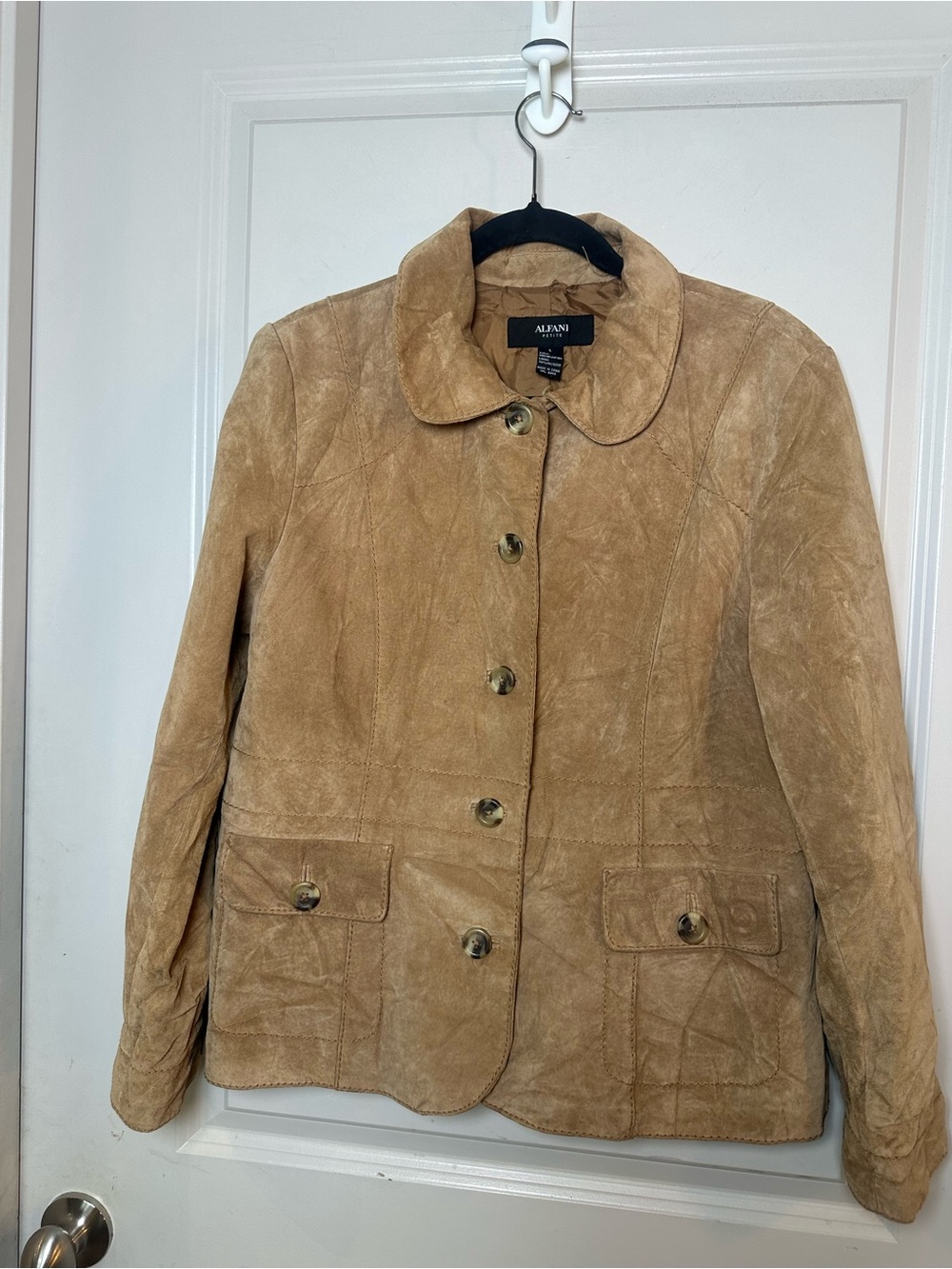 VINTAGE Y2K Alfani Suede Leather Tan Structured 5 Button Jacket, Large Petite